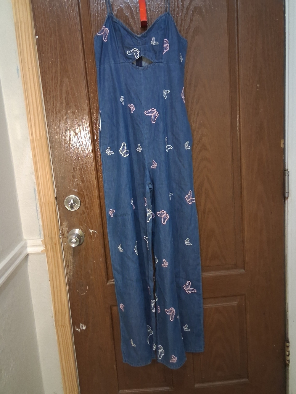 Storia Light Wash Denim Butterflies Jumpsuit Size Small